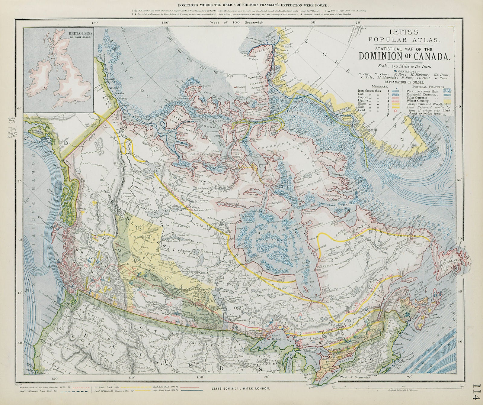 CANADA Canadian Pacific Railway Arctic explorers' routes Minerals LETTS 1884 map
